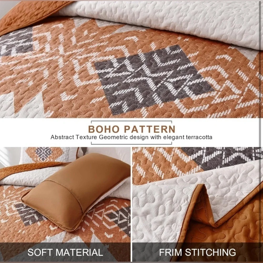 New Boho Queen Quilt Set 3 Pieces Aztec Texture Bedspread Coverlet Set Light